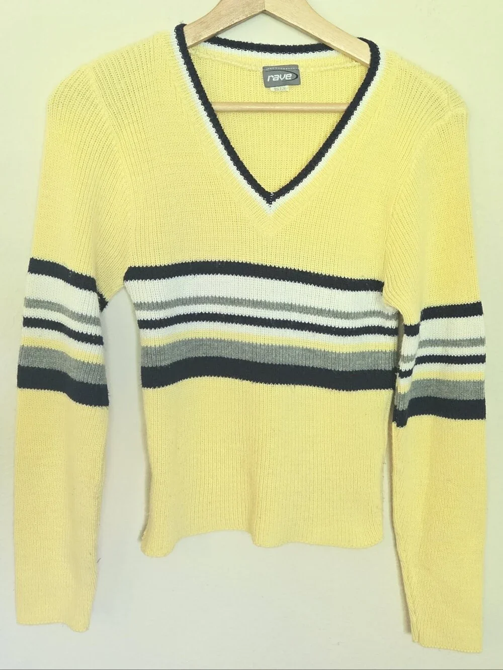 Y2K Rave Vintage Yellow VNeck  Stripe Knit LS Sweater